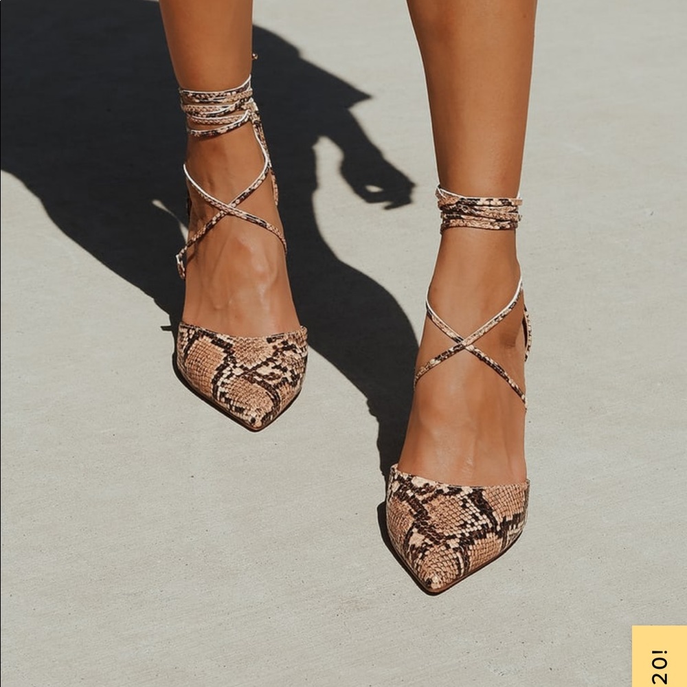 Lulus • Tan Snake Print Lace Up Pumps 6